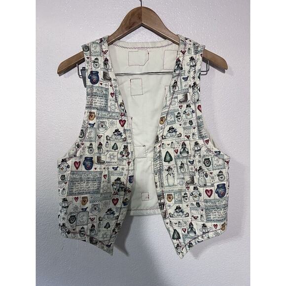 Vintage Handmade Snowman Christmas Vest Patchwork Unisex Size L Grandma Recipe - Picture 1 of 3
